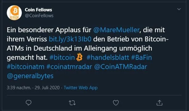 Stellungnahme BaFin: Welche Bitcoin-Automaten sind betroffen? Tweet von Coin Fellows