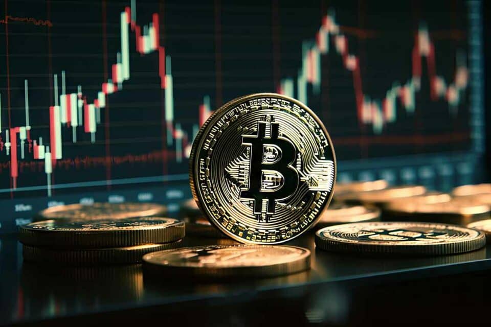 Bitcoin Münzen vor einem Chart