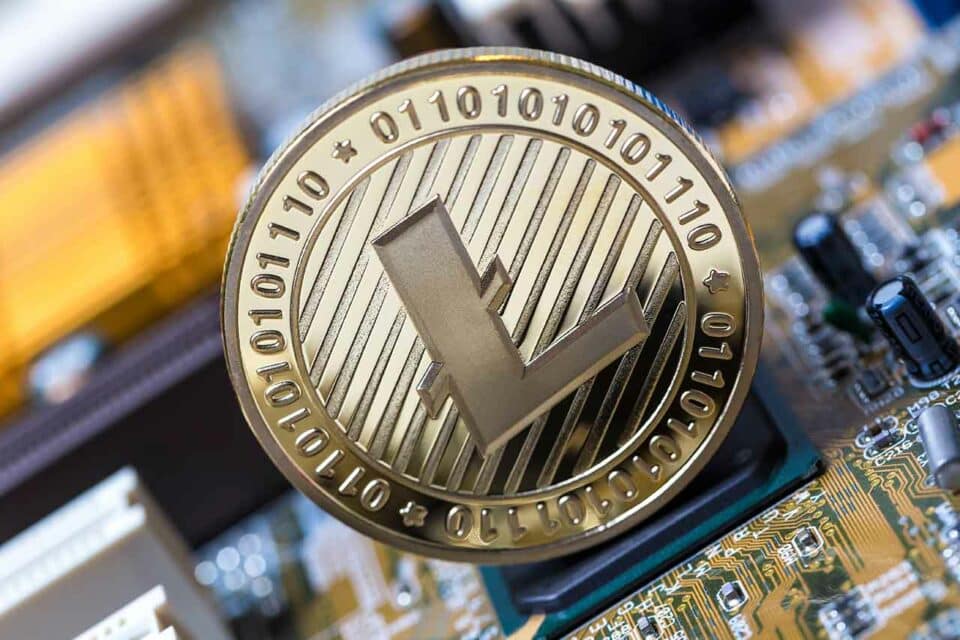Litecoin Münze auf Mainboard
