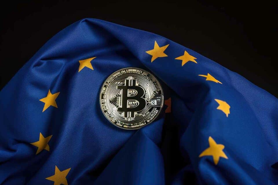 EU Flagge mit Bitcoin Münze