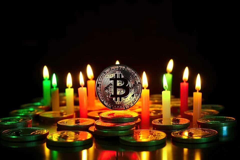Eine Bitcoin-Münze umringt von Geburtstagskerzen