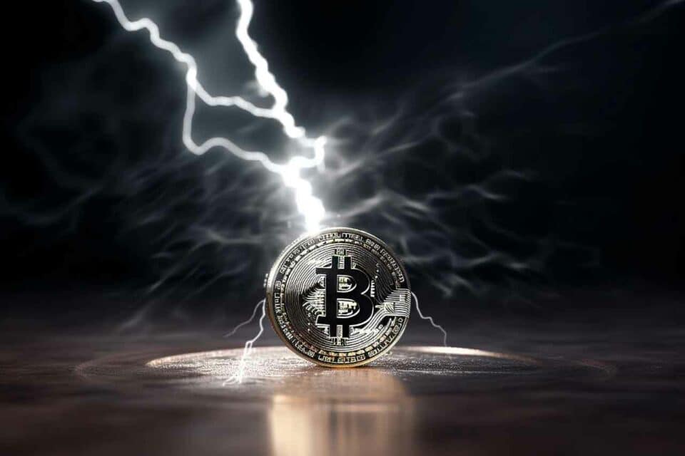 Bitcoin Münze wird vom Blitz getroffen