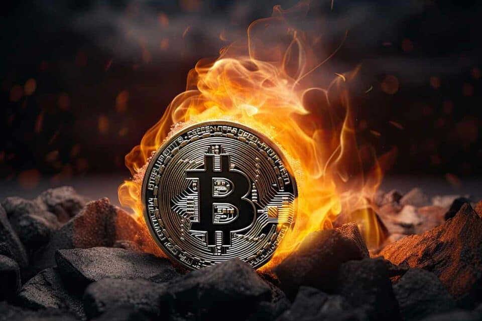 Bitcoin Münze in feuriger Glut