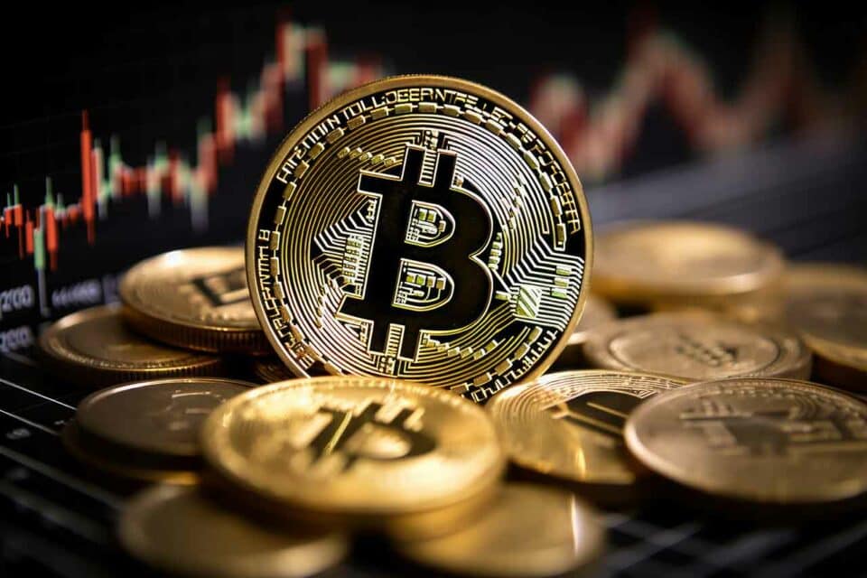 Bitcoin Münzen mit Börsen-Chart im Hintergrund