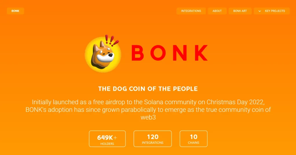 Bonk wird auf der offiziellen Webseite als "The dog coin of the people" bezeichnet.
