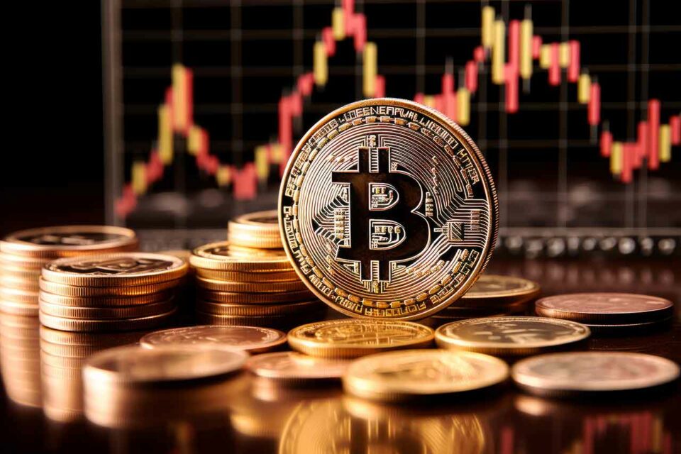 Bitcoin Münze mit Chart