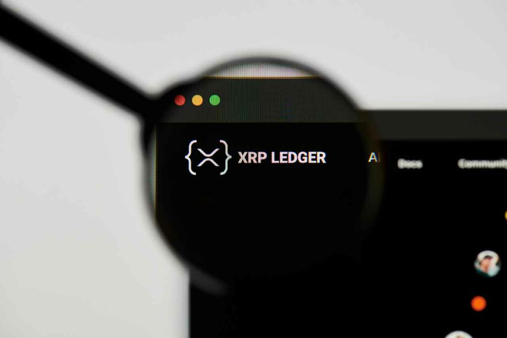 Symbol des XRP Ledgers unter einer Lupe