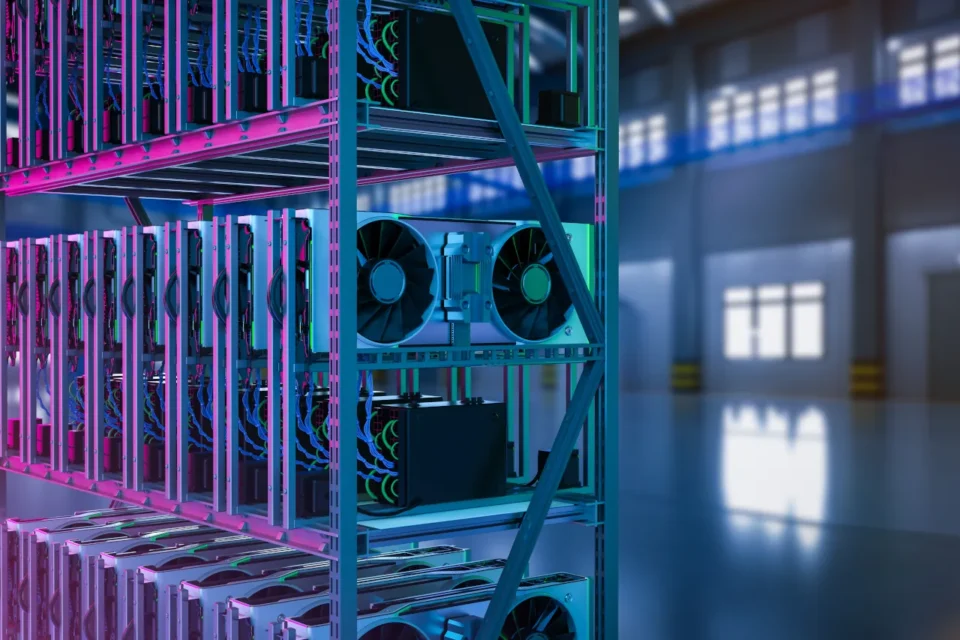 Ein GPU Mining Rig in einer Lagerhalle