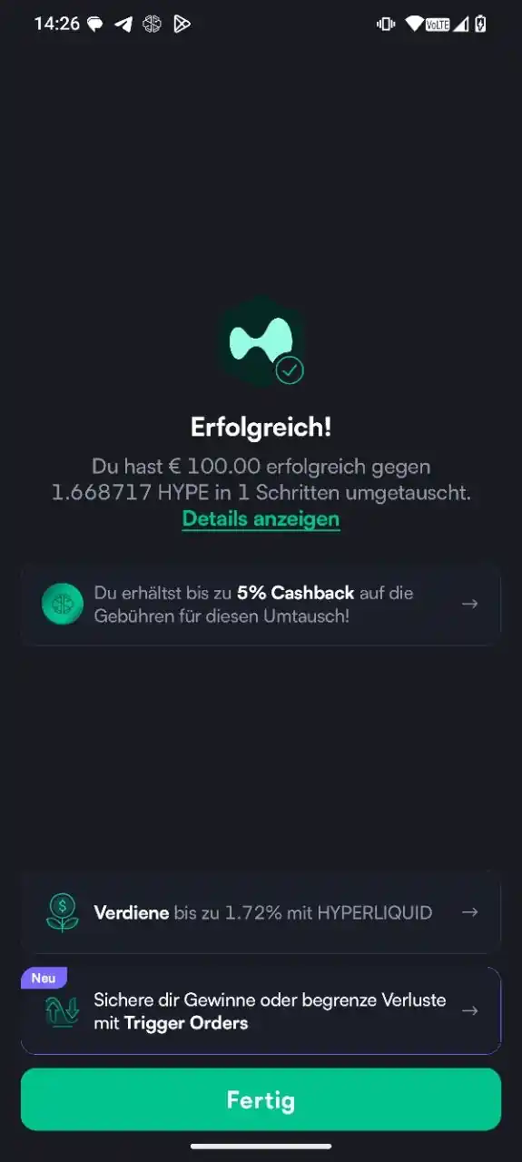 Swissborg Hype-Testkauf Hype-Kauf in der SwissBorg App mit transparenter Gebührenanzeige von 0,99 Prozent