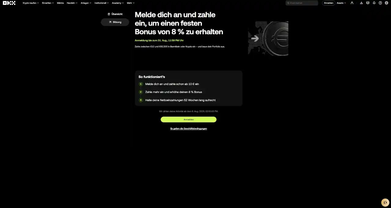OKX Kampagnen-Center mit der Seite, wo man den Einzahlungsbonus freischaltet