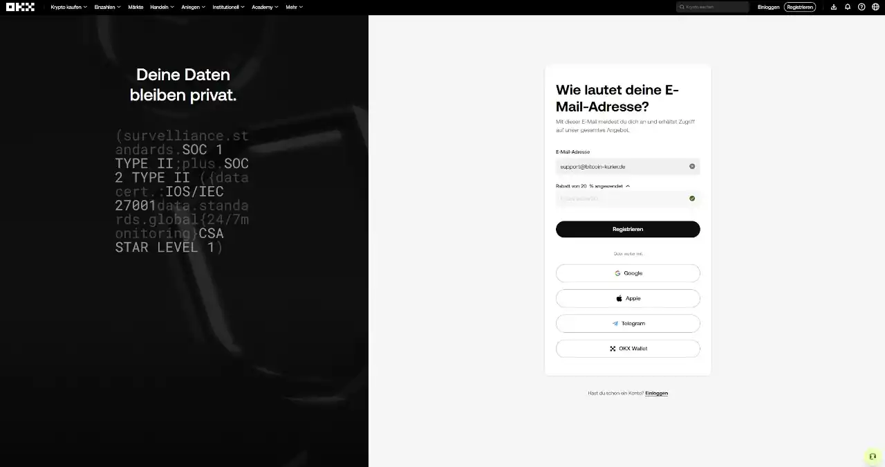 OKX-Registrierungsformular mit dem vorbelegten Empfehlungscode BITCOINKURIER20 im Feld Empfehlungscode