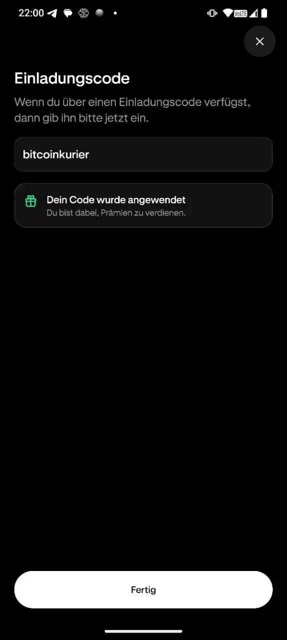 Kraken App: Feld für den Einladungscode bei der Registrierung