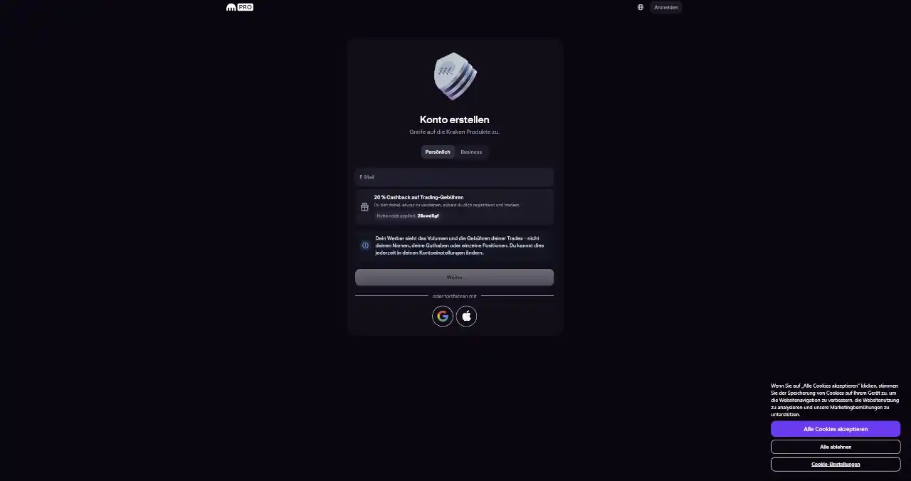 Kraken im Browser: Registrierungsformular mit dem Feld für den Einladungscode