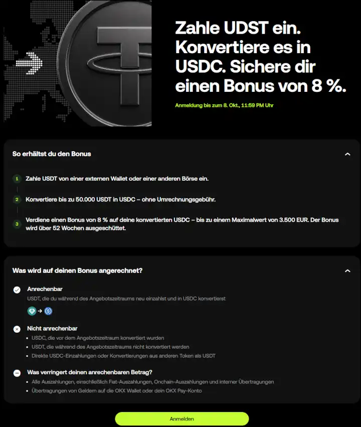 OKX Kampagnen-Center mit der Seite, wo man den Einzahlungsbonus freischaltet